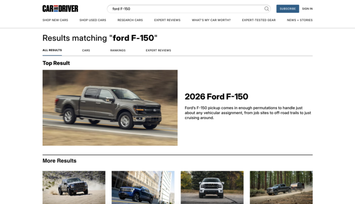 An image of the Car and Driver website's search result page. Here, we can see results for the search 'Ford F-150'.